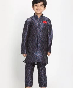 JBN Creation Maroon Twill Jacket, Printed Kurta And Pyjama Set Boys