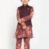JBN Creation Maroon Twill Jacket, Printed Kurta And Pyjama Set Boys
