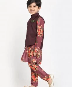 JBN Creation Maroon Twill Jacket, Printed Kurta And Pyjama Set Boys