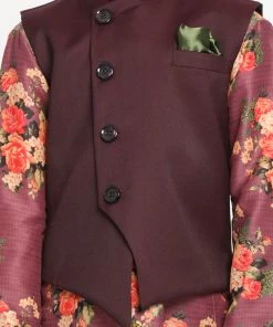 JBN Creation Maroon Twill Jacket, Printed Kurta And Pyjama Set Boys