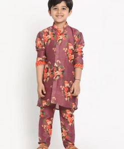 JBN Creation Maroon Twill Jacket, Printed Kurta And Pyjama Set Boys