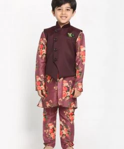 JBN Creation Maroon Twill Jacket, Printed Kurta And Pyjama Set Boys