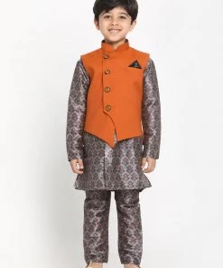 JBN Creation Orange Twill Jacket, Printed Kurta And Pyjama Set