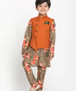 JBN Creation Boys Orange Twill Jacket, Printed Kurta And Pyjama Set