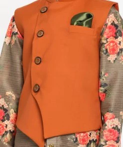 JBN Creation Boys Orange Twill Jacket, Printed Kurta And Pyjama Set