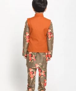 JBN Creation Boys Orange Twill Jacket, Printed Kurta And Pyjama Set