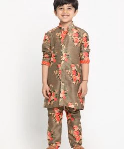 JBN Creation Boys Orange Twill Jacket, Printed Kurta And Pyjama Set