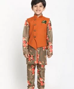 JBN Creation Boys Orange Twill Jacket, Printed Kurta And Pyjama Set