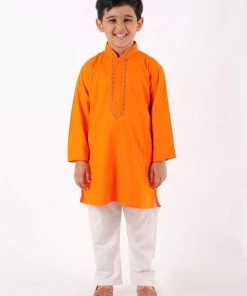 JBN Creation Boy's Orange & White Kurta With Pyjamas