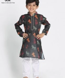 JBN Creation Boys' Black Cotton Horse Print Kurta And Pyjama Set