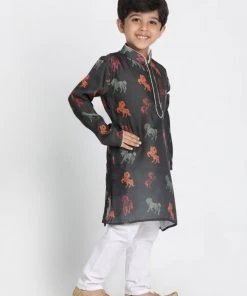 JBN Creation Boys' Black Cotton Horse Print Kurta And Pyjama Set