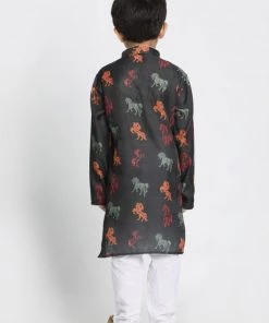 JBN Creation Boys' Black Cotton Horse Print Kurta And Pyjama Set