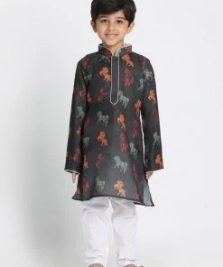 JBN Creation Boys' Black Cotton Horse Print Kurta And Pyjama Set