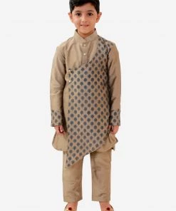 JBN Creation Boys' Chiku Cotton Blend Kurta Pyjama Set