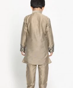 Vastramay Baap Beta Chiku Silk Blend Printed Angrakha Design Kurta Pyjama Set