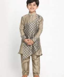 Vastramay Baap Beta Chiku Silk Blend Printed Angrakha Design Kurta Pyjama Set