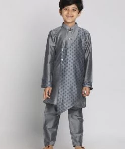 Vastramay Baap Beta Grey Silk Blend Printed Angrakha Design Kurta Pyjama Set