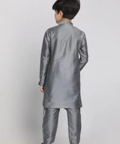 Vastramay Baap Beta Grey Silk Blend Printed Angrakha Design Kurta Pyjama Set