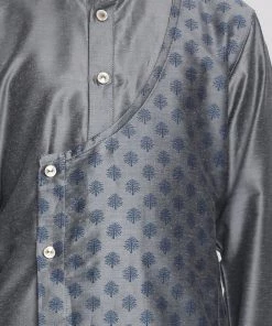 Vastramay Baap Beta Grey Silk Blend Printed Angrakha Design Kurta Pyjama Set