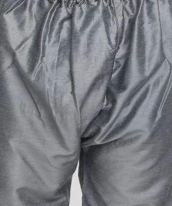 Vastramay Baap Beta Grey Silk Blend Printed Angrakha Design Kurta Pyjama Set