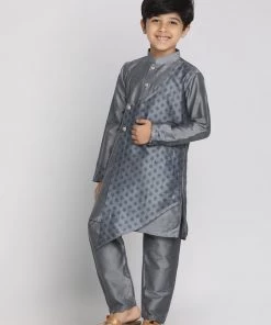 Vastramay Baap Beta Grey Silk Blend Printed Angrakha Design Kurta Pyjama Set