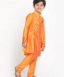 Vastramay Baap Beta Orange Silk Blend Printed Angrakha Design Kurta Pyjama Set