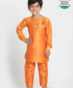 JBN Creation Boys' Orange Cotton Silk Blend Kurta And Pyjama Set