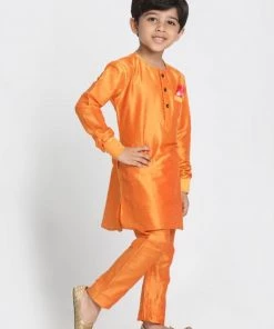 JBN Creation Boys' Orange Cotton Silk Blend Kurta And Pyjama Set