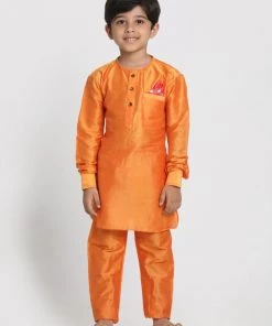 JBN Creation Boys' Orange Cotton Silk Blend Kurta And Pyjama Set