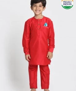 JBN Creation Boys' Red Cotton Silk Blend Kurta And Pyjama Set
