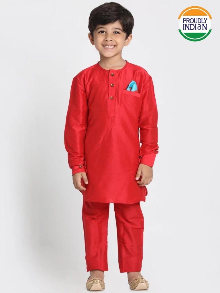 JBN Creation Boys' Red Cotton Silk Blend Kurta And Pyjama Set 3 JBN Creation Boys' Red Cotton Silk Blend Kurta And Pyjama Set