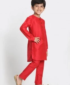 JBN Creation Boys' Red Cotton Silk Blend Kurta And Pyjama Set