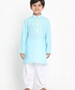 Kurta Pyjama Vastramay Aqua And White Baap Beta Kurta And Pyjama Set