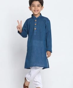 Vastramay Pure Handloom Cotton Blue And White Baap Beta Kurta Pyjama Set