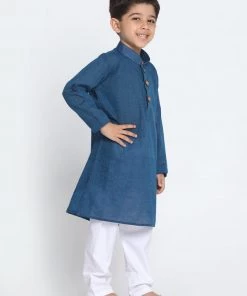 Vastramay Pure Handloom Cotton Blue And White Baap Beta Kurta Pyjama Set