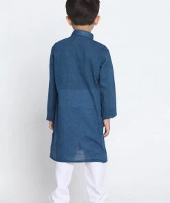 Vastramay Pure Handloom Cotton Blue And White Baap Beta Kurta Pyjama Set