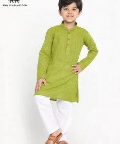JBN Creation Boys' Teal Green And White Handloom Pure Cotton Kurta And Pyjama Set