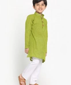 JBN Creation Boys' Teal Green And White Handloom Pure Cotton Kurta And Pyjama Set