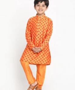 JBN Creation Boys' Orange Cotton Blend Kurta And Pyjama Set