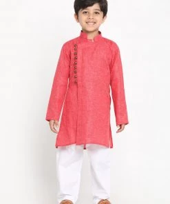 JBN Creation Boys' Red Cotton Blend Kurta And Pyjama Set Buy 1 Get 1