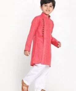 JBN Creation Boys' Red Cotton Blend Kurta And Pyjama Set Buy 1 Get 1