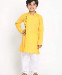 Buy 1 Get 1 JBN Creation Boys' Yellow Cotton Blend Kurta And Pyjama Set