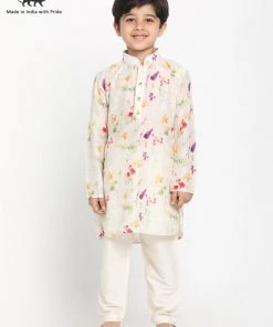 JBN Creation Boys Printed Cream Cotton Blend Kurta And Pyjama Set