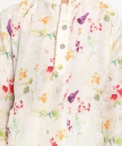 Vastramay Multicolor-Base-Cream Floral Printed Cotton Linen Siblings Set