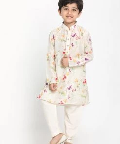 JBN Creation Boys Printed Cream Cotton Blend Kurta And Pyjama Set