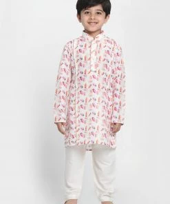 JBN Creation Boys Multicolor-Base-White Cotton Blend Kurta And Pyjama Set
