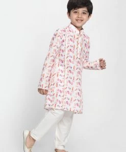 JBN Creation Boys Multicolor-Base-White Cotton Blend Kurta And Pyjama Set
