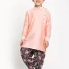 JBN Creation Boys Rose Pink Angrakha Kurta Floral Printed Dhoti Set