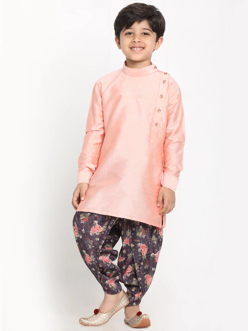 JBN Creation Boys Rose Pink Angrakha Kurta Floral Printed Dhoti Set 3 JBN Creation Boys Rose Pink Angrakha Kurta Floral Printed Dhoti Set