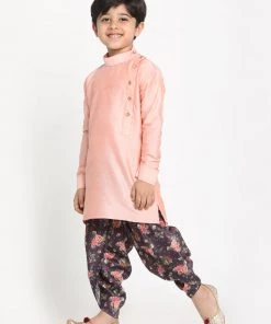 JBN Creation Boys Rose Pink Angrakha Kurta Floral Printed Dhoti Set